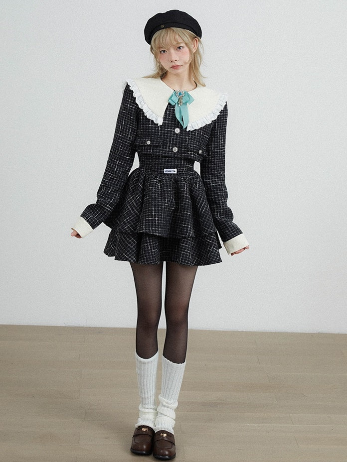 Doll Collar Short Jacket & Waist Tutu Skirt