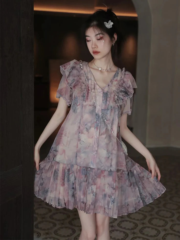 Oil Painting Printed Suspender Dress & Mesh Pleat Dress & Shirt Cardigan