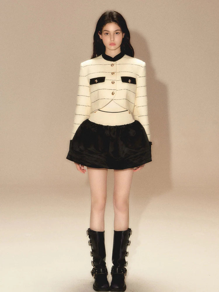 Line Border Mao Collar Short Jacket & Puffy Skirt