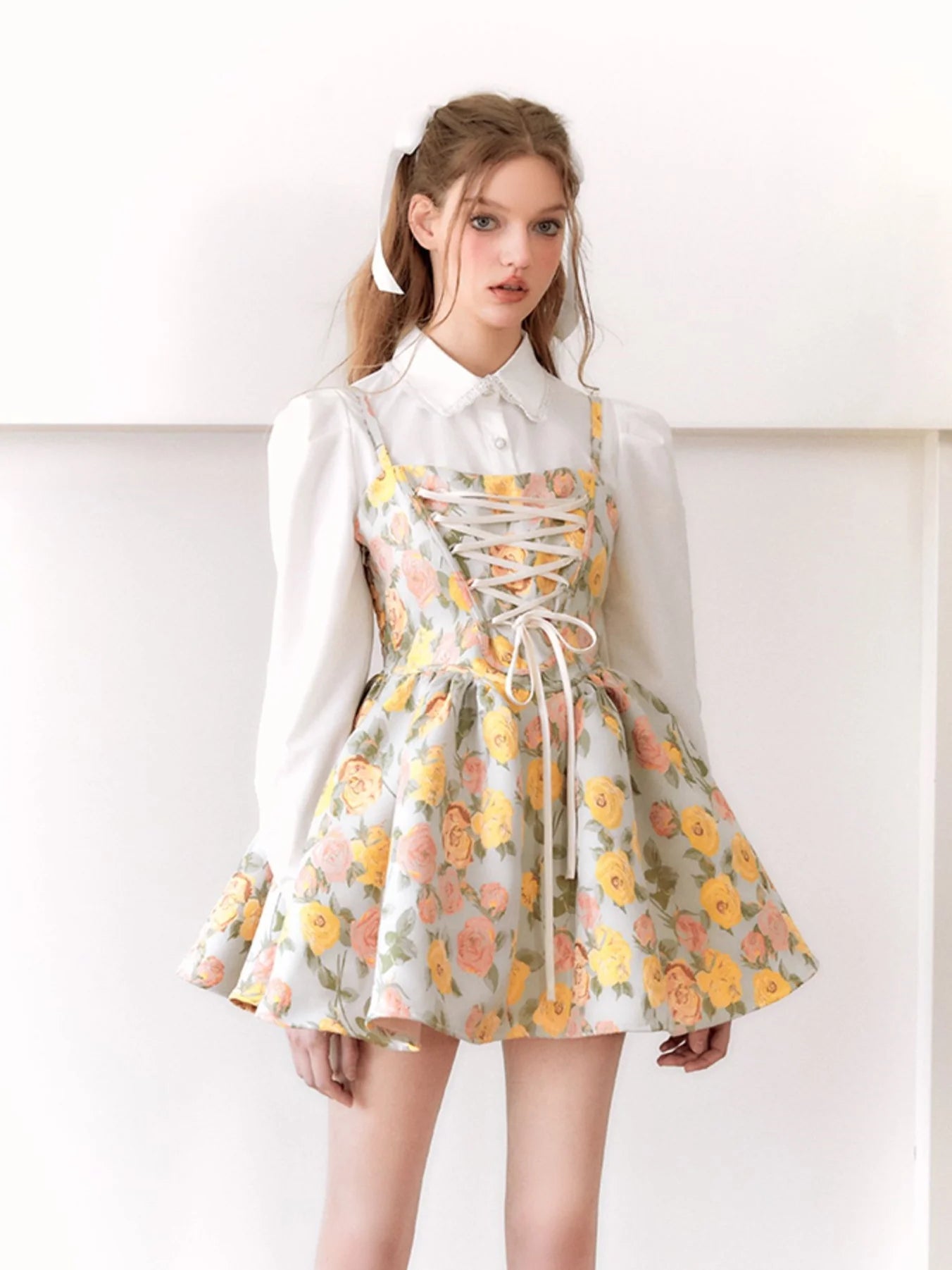 Oil Painting Ballet Style Suspender Dress & Waist Shape Shirt