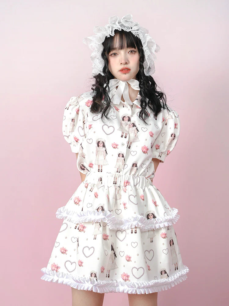 Antique Doll Rose Pearl Print Puff Sleeve Shirt- Outfit Inspo