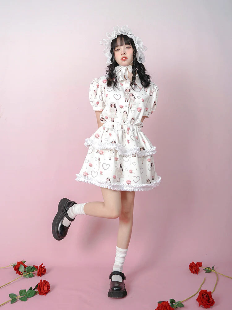 Antique Doll Rose Pearl Print Puff Sleeve Shirt- Outfit Inspo