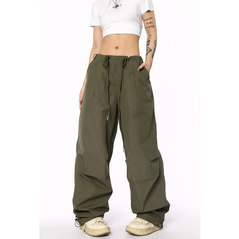 AN JITT Peach Collection" Grey Parachute Pants New American Style Drawstring Utility Pants Wide-Leg Casual Pants for Women Spring/Summer