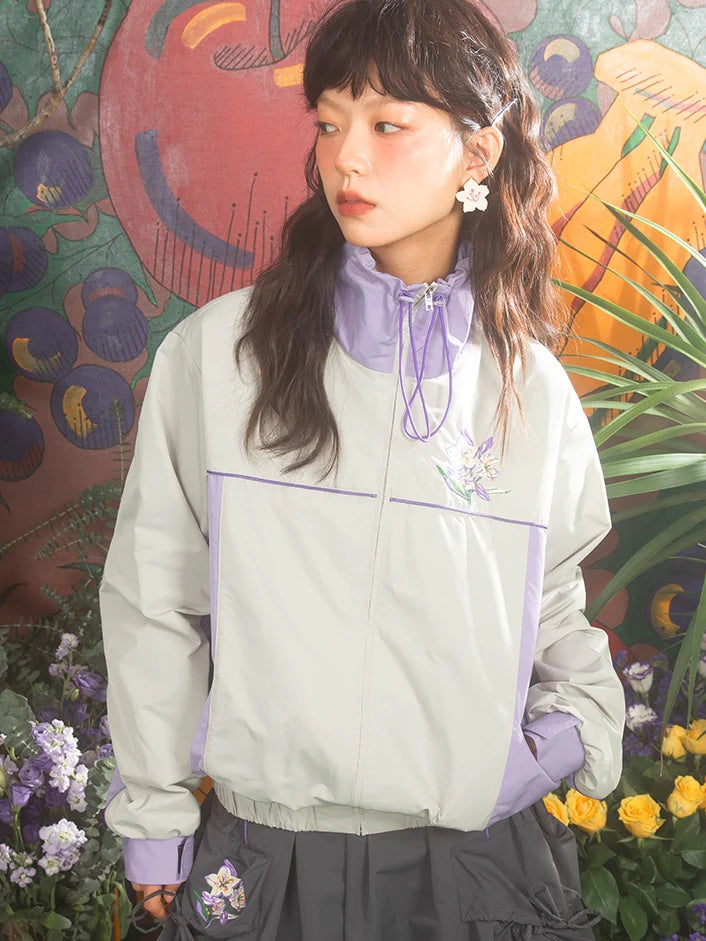 Cherry Blossom Embroidery Zipper Windbreaker- Simple Outfits