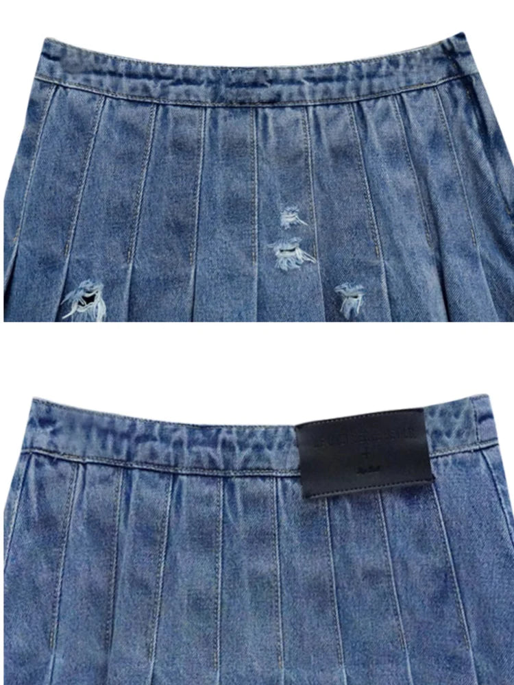 Denim Hole Pleated Skirt With Tie