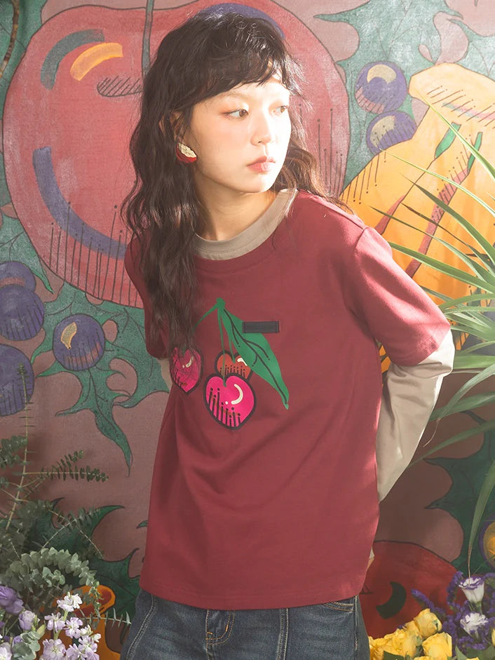 Cherry Print Fake Layered Long-sleeved T-shirts- Simple Outfits