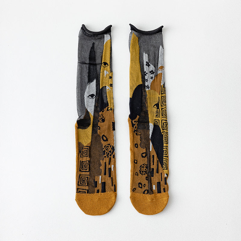 CrazySox's new French art silk stockings for women, featuring thin AB asymmetrical glass silk trendy mid-calf socks.