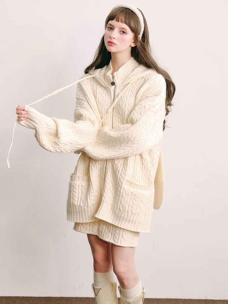 Bunny Ears Hooded Knitted Cardigan & Skirt