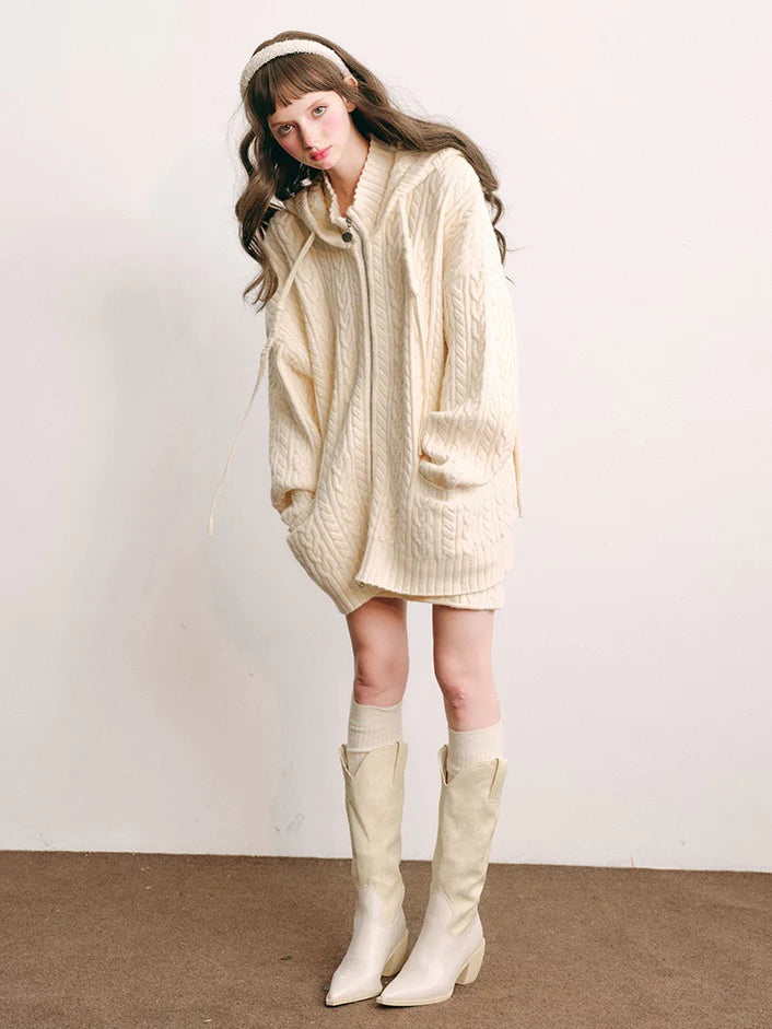 Bunny Ears Hooded Knitted Cardigan & Skirt