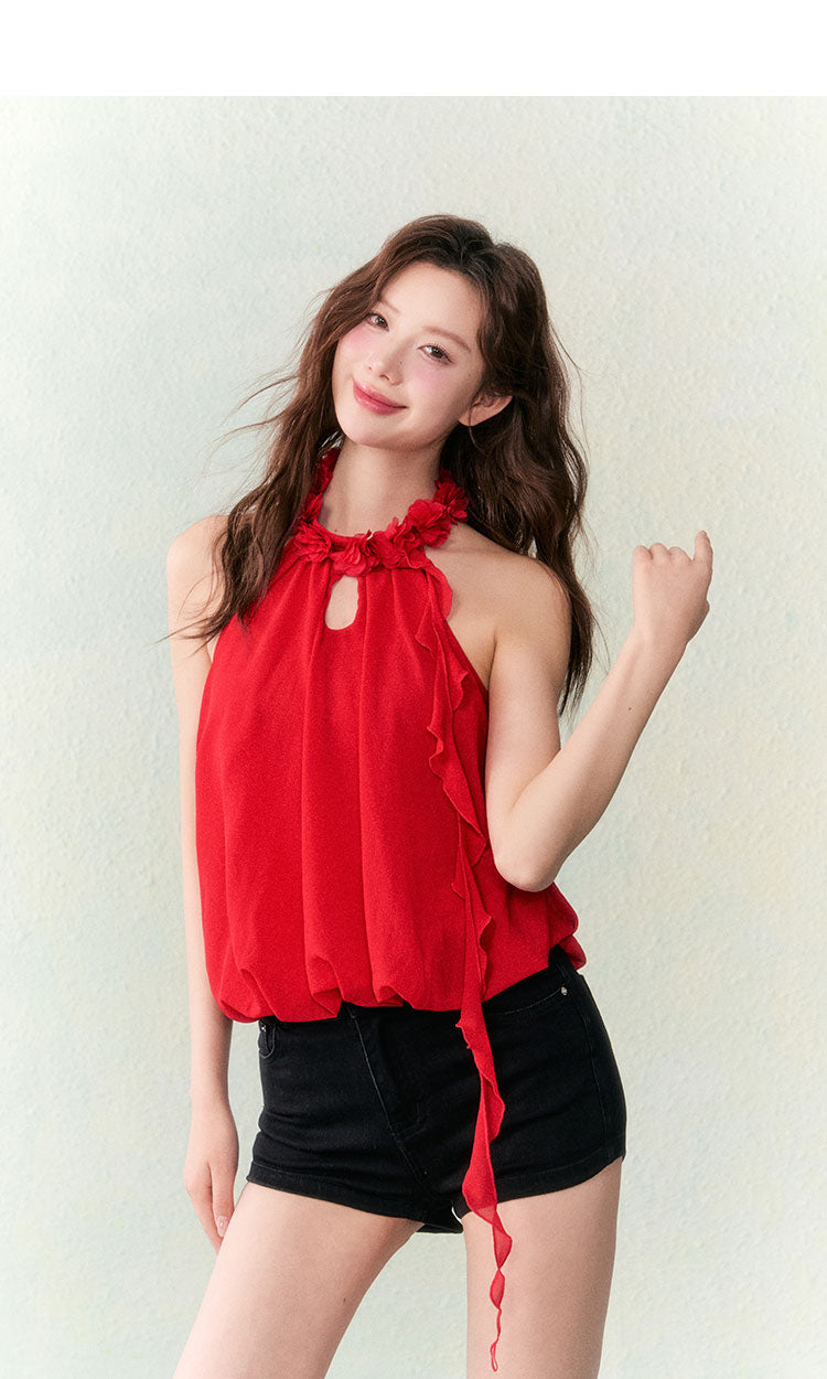 OCRC Official Red Flower Collar Spaghetti Strap Design Sensation Floating Ribbon Bud Chiffon Top