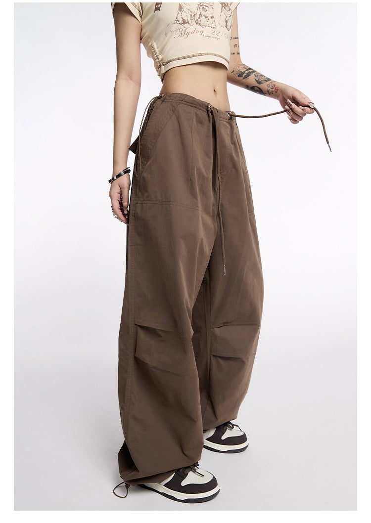 AN JITT Peach Collection" Grey Parachute Pants New American Style Drawstring Utility Pants Wide-Leg Casual Pants for Women Spring/Summer