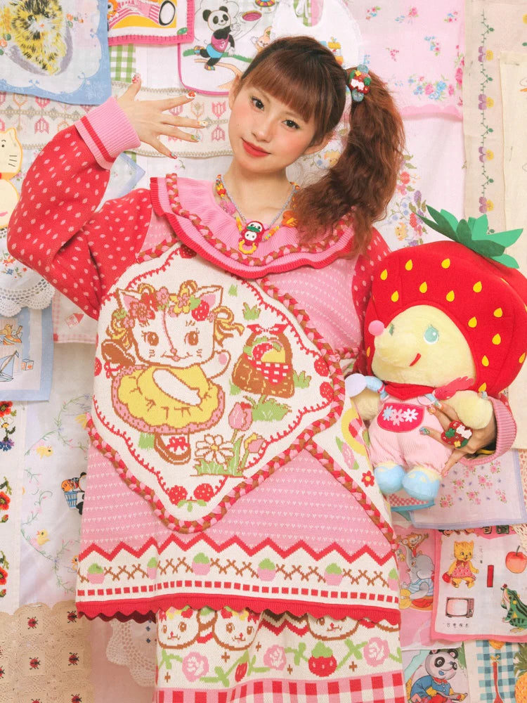 Large Lapel Cat Strawberry Jacquard Pullover Sweater- Outfits Aesthetic