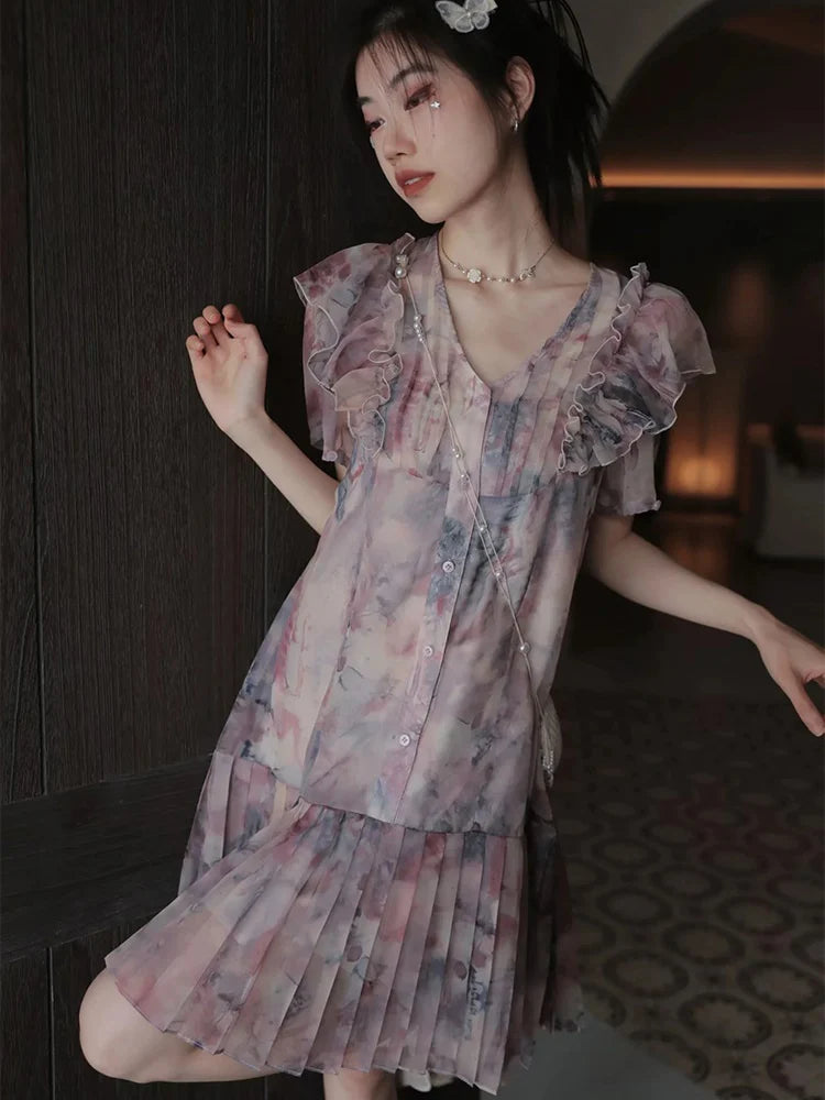 Oil Painting Printed Suspender Dress & Mesh Pleat Dress & Shirt Cardigan