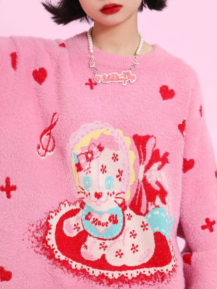 Pink Love Cat Sweater Skirt- Outfits Aesthetic