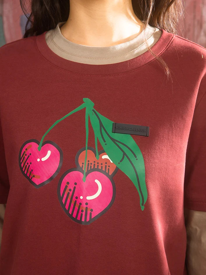 Cherry Print Fake Layered Long-sleeved T-shirts- Simple Outfits