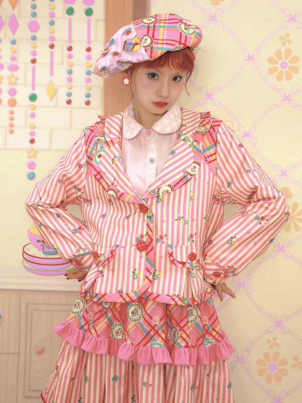 Printing Stripe Stitching Short Jacket & Cake Skirt