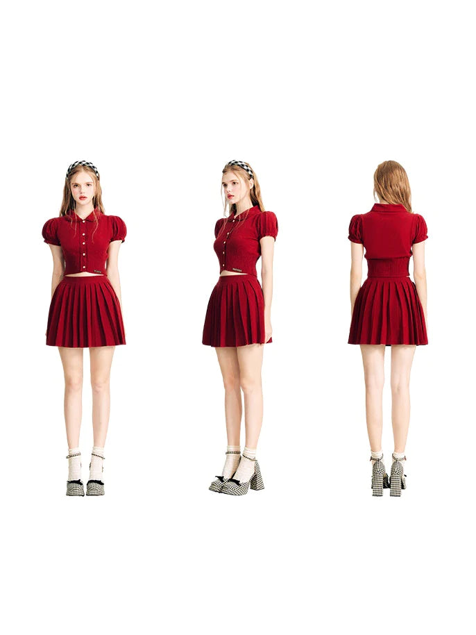 Puff Sleeve Knitted Sweater & Pleated Mini Skirt