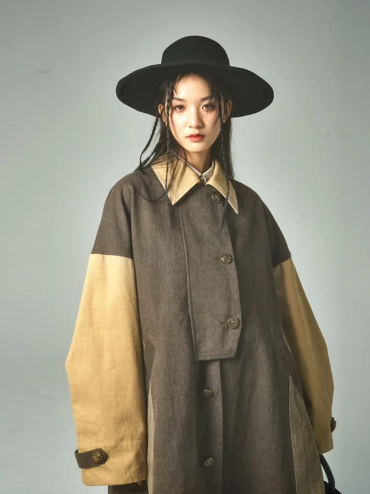 Retro Stitching Long Loose Cape Detachable Coat