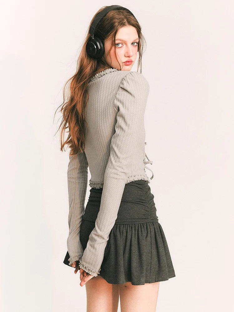 Strap Bow Short Knit Slim Cardigan