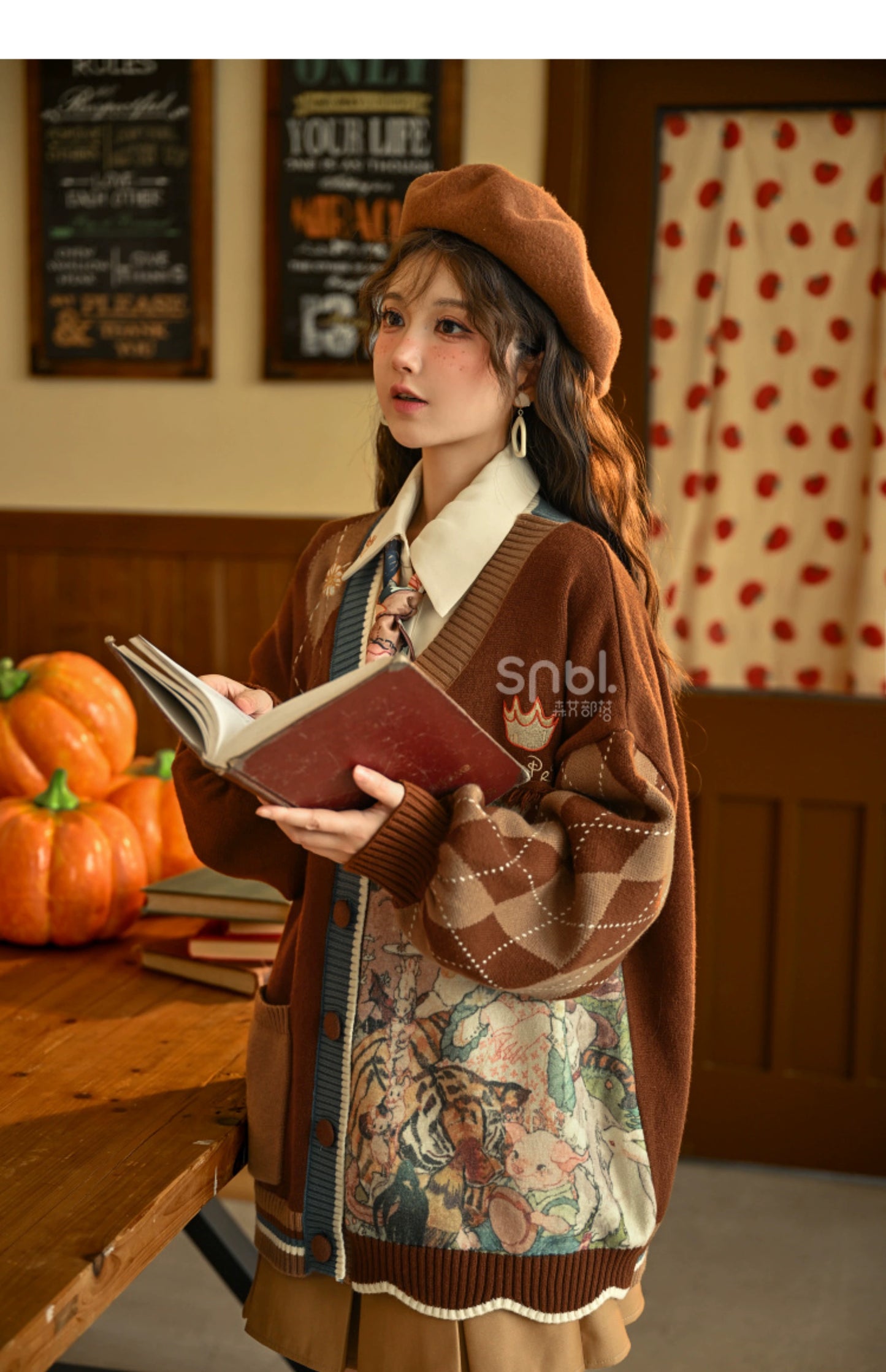 Vintage and lazy atmosphere loose knit sweater with V-neck and cardigan jacket #PN-5010