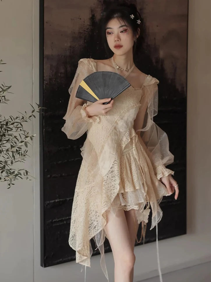 Lace Asymmetry Long Camisole Top & Cake Culottes Skirt & Shawl Top