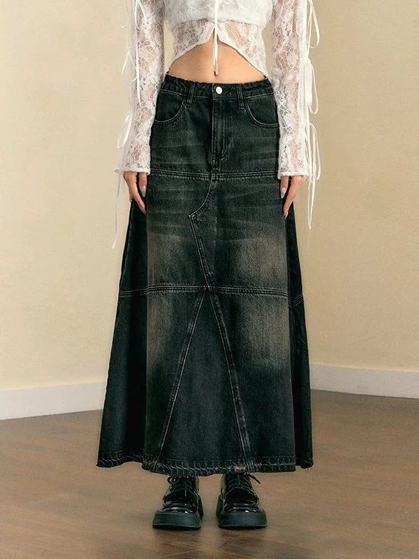 Retro Washed A Line Patchwork Denim Skirt