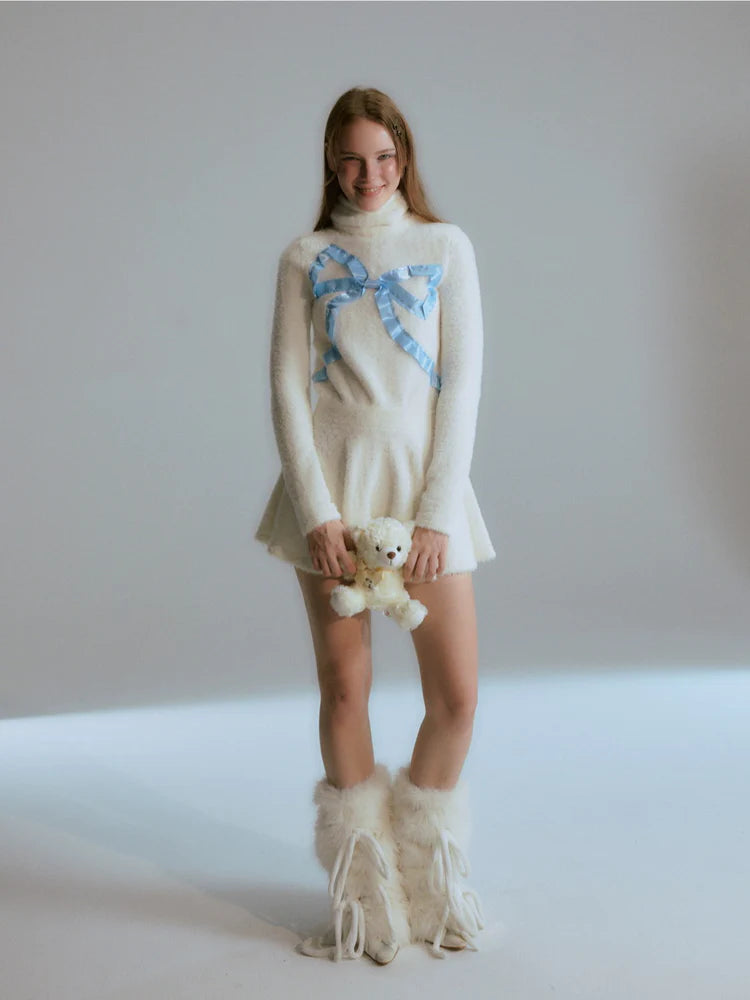 Turtle-Neck Ribbon Knit Flare Fluffily Cute One-Piece