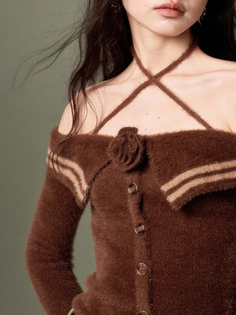 Rose Cross Strap One-Shoulder Sweater