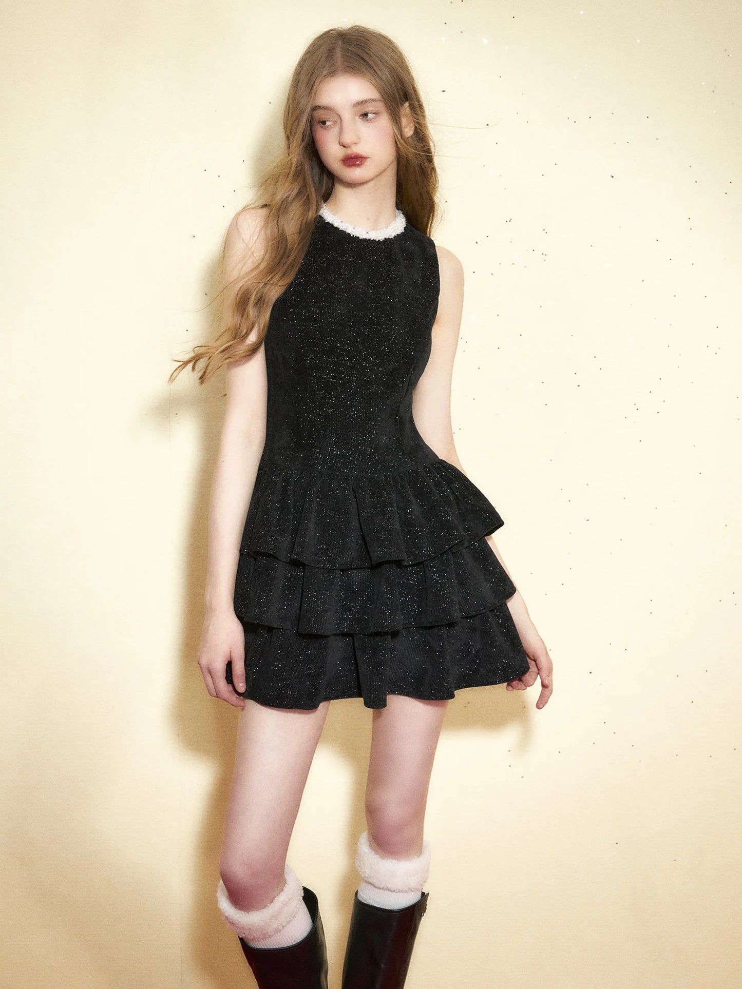 Glitter Velvet Pearl Collar Cake Sleeveless Dress