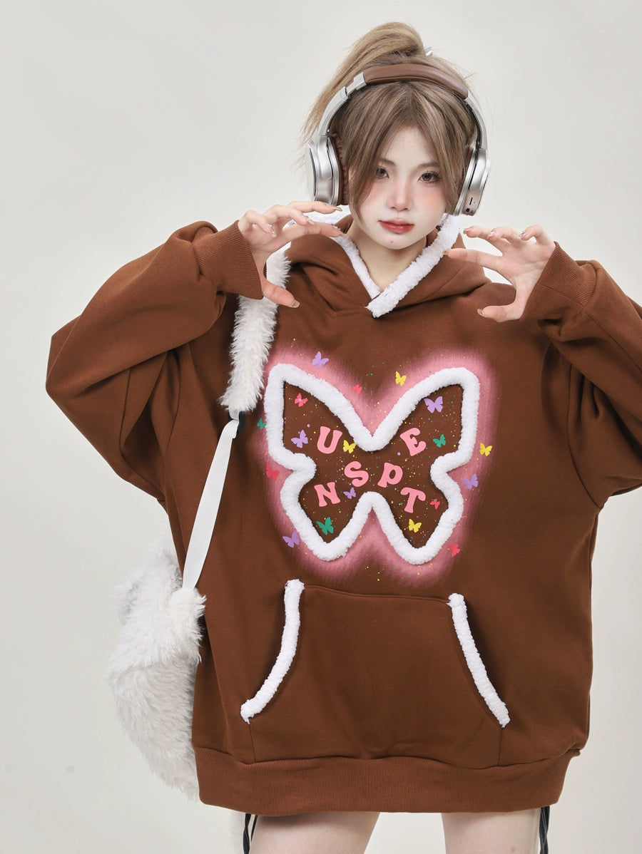 Oversized Kawaii Pink butterfly pullover sweatshirts, hoodies, with added fleece and thickened #PN-5008