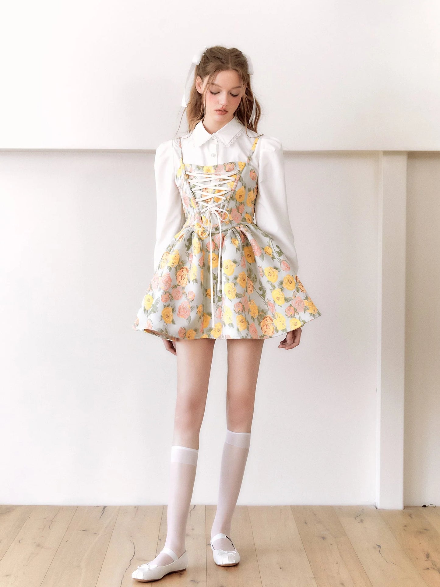 Oil Painting Ballet Style Suspender Dress & Waist Shape Shirt