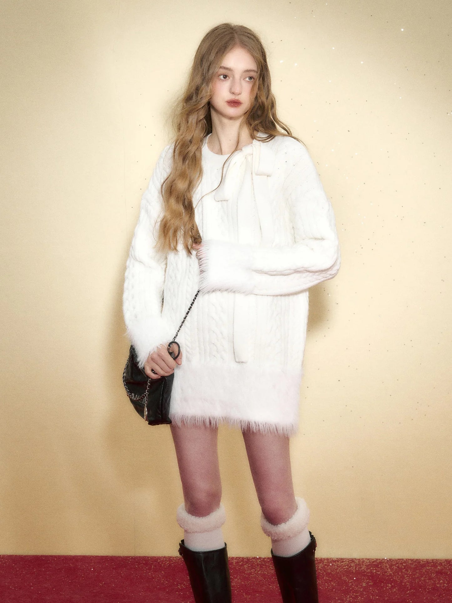 Fur Bow Loose Cable Knitted One-Piece