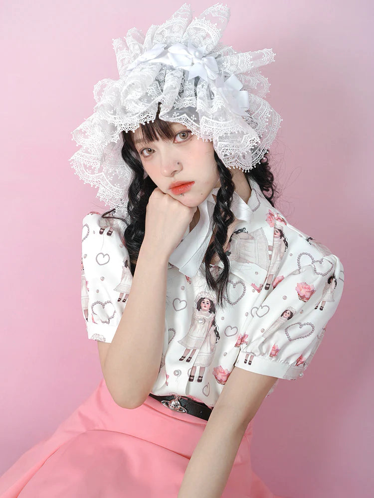 Antique Doll Rose Pearl Print Puff Sleeve Shirt- Outfit Inspo