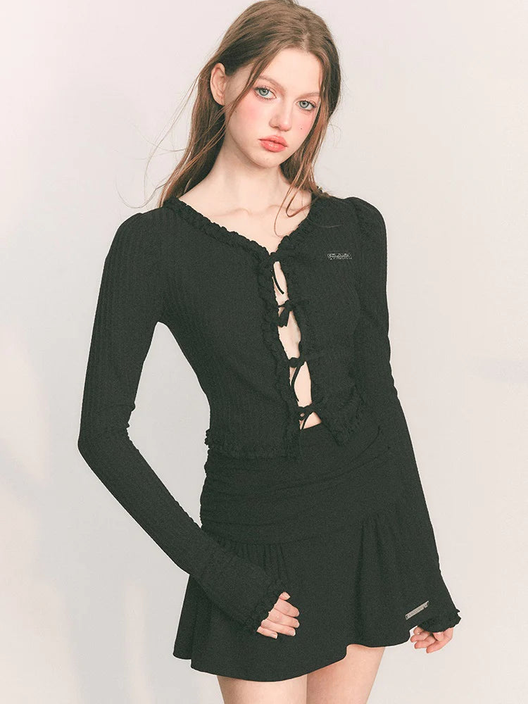 Strap Bow Short Knit Slim Cardigan