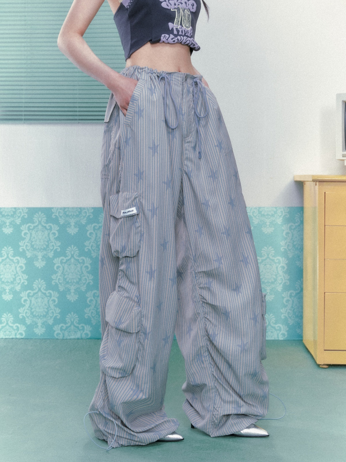 Women's Casual Pants, Original Drawstring Printed Loose Design Wide Leg Pants with a Sense of Style for Summer