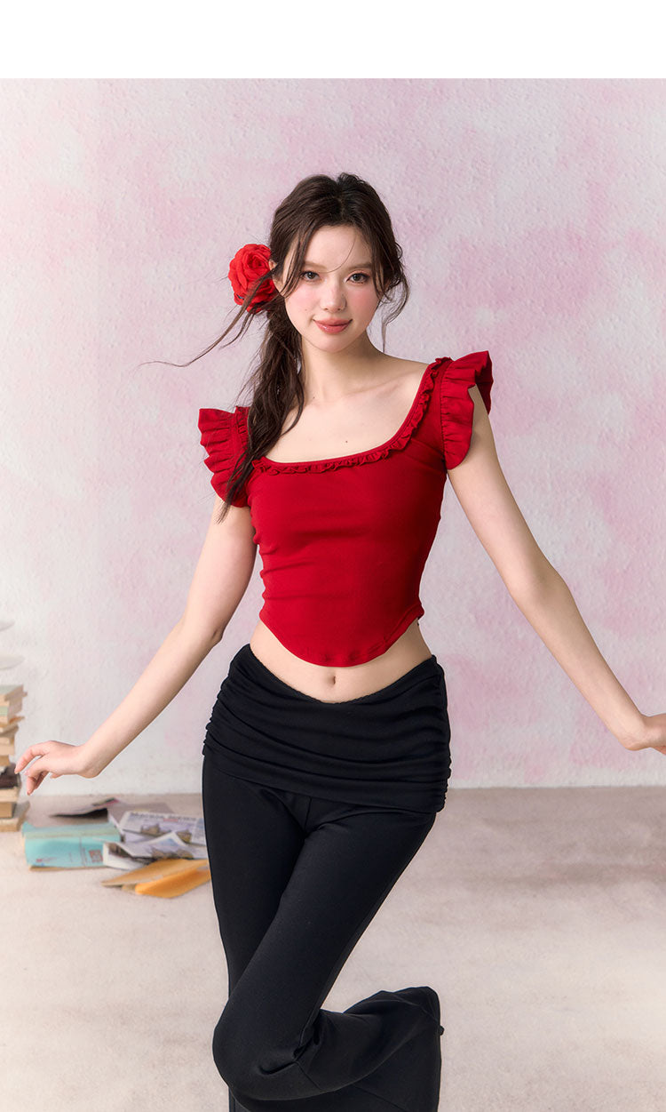 OCRC Official Red Spicy Girl's Small Flying Sleeve Sling Top Women's Summer Slim Short T-shirt, can be worn on both sides