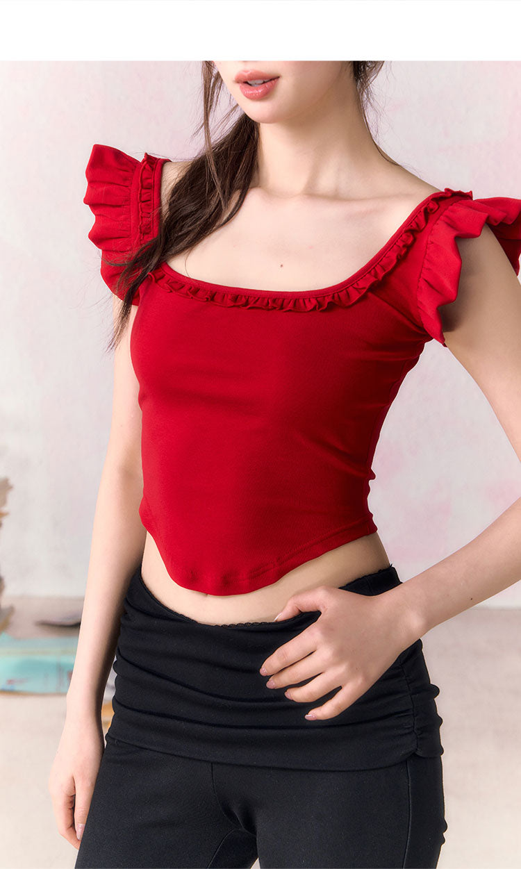 OCRC Official Red Spicy Girl's Small Flying Sleeve Sling Top Women's Summer Slim Short T-shirt, can be worn on both sides