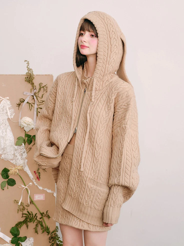 Bunny Ears Hooded Knitted Cardigan & Skirt