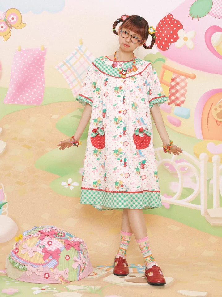 Strawberry Bear Print Loose One-piece- Simple Outfits