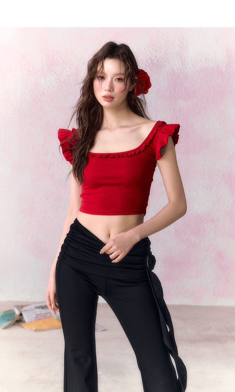 OCRC Official Red Spicy Girl's Small Flying Sleeve Sling Top Women's Summer Slim Short T-shirt, can be worn on both sides