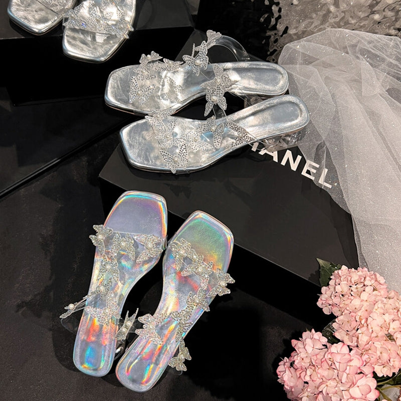 Lost in the Butterfly Valley! Exquisitely beautiful summer sandals with a fairy-like style, featuring blingy transparent butterfly crystal heels, perfect for wearing outdoors.