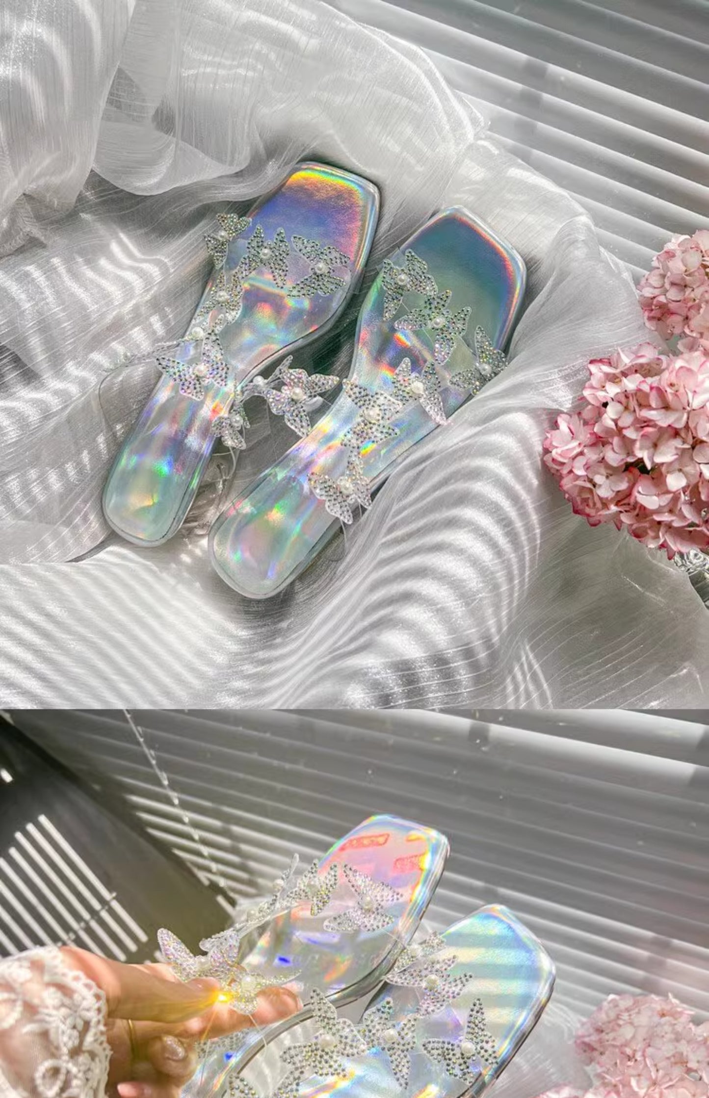 Lost in Butterfly Valley ~ Fairy-style Beautiful Sandals for Women, Summer, Bling Transparent Butterfly Crystal High Heel Half Drag Shoes, Suitable for Outdoor Wear