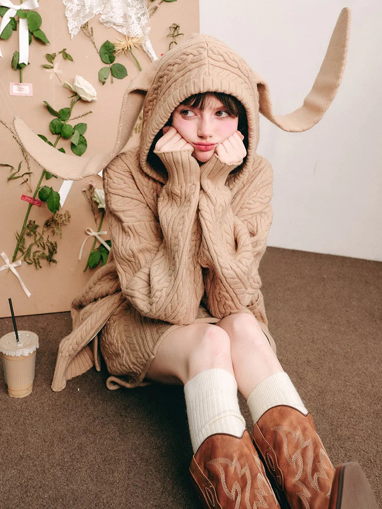 Bunny Ears Hooded Knitted Cardigan & Skirt