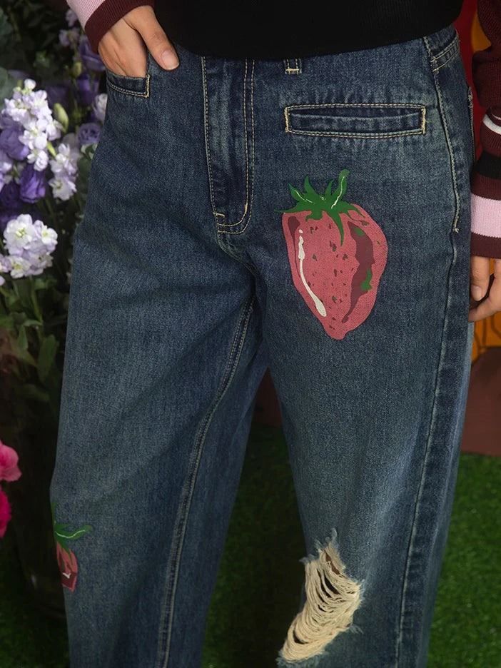 Strawberry Printed Old Ripped Washed Loose Denim- Simple Outfits