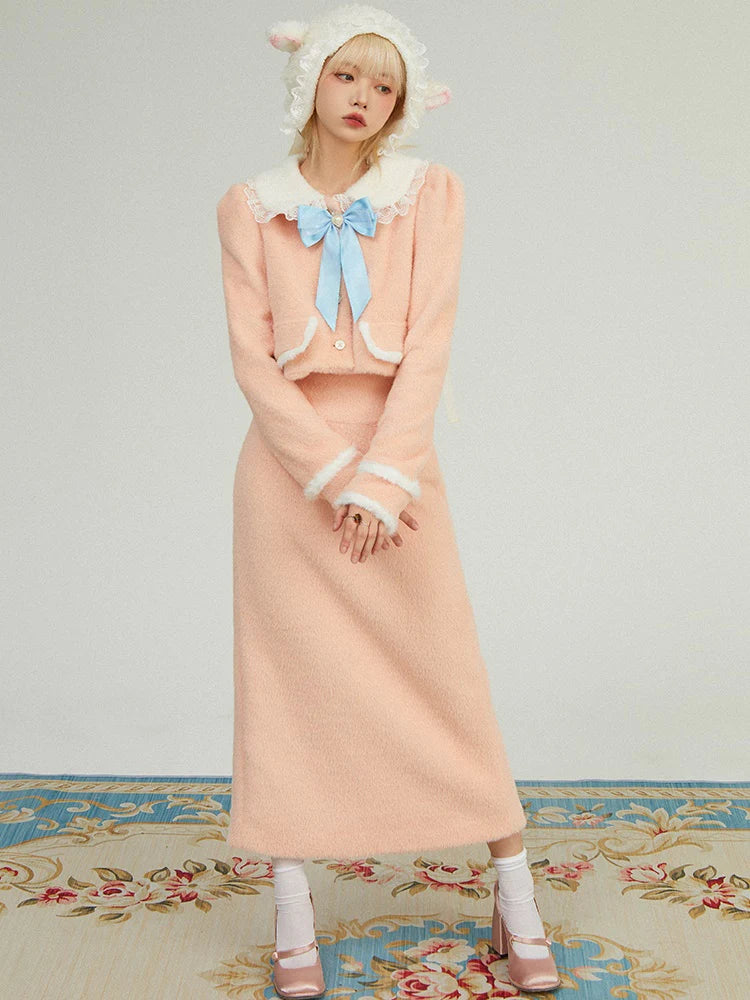 Bow Puff Sleeve Short Jacket & Skirt