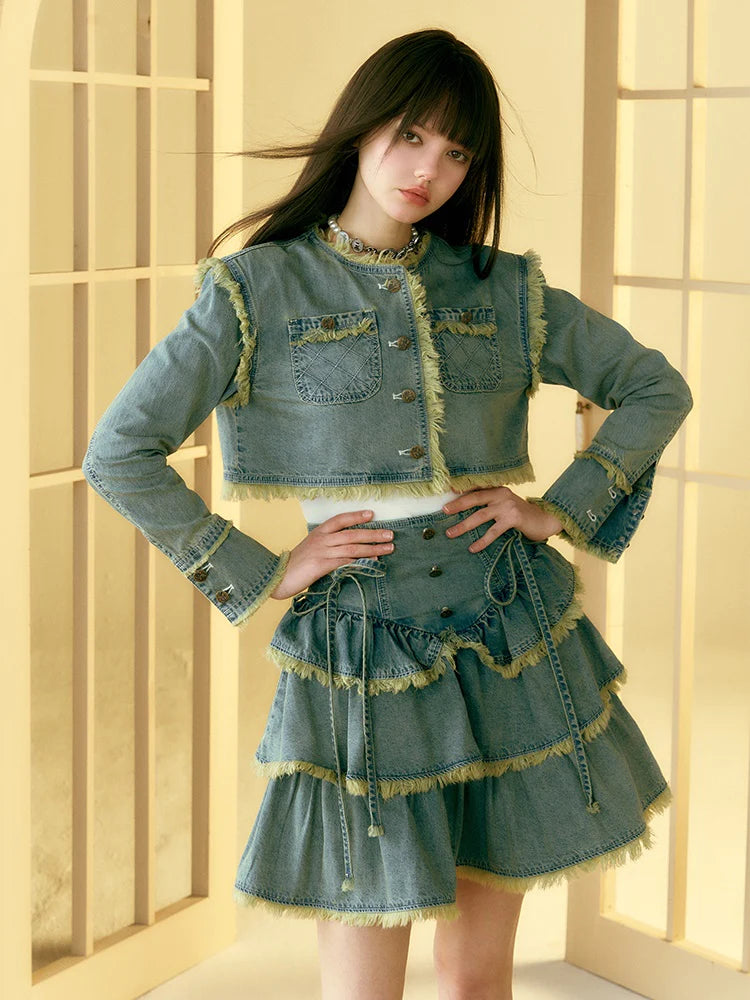 Raw Edge Denim Cake Skirt & Short Jacket- Spring Fashion