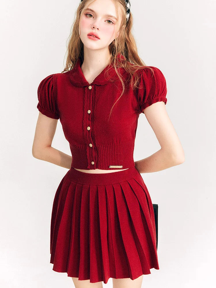 Puff Sleeve Knitted Sweater & Pleated Mini Skirt