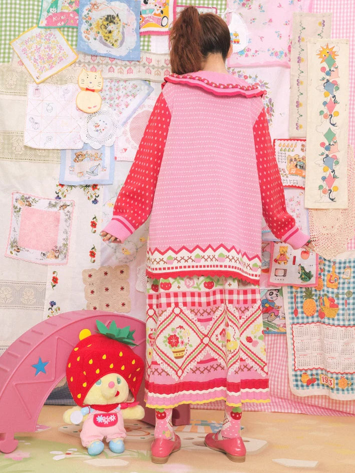 Large Lapel Cat Strawberry Jacquard Pullover Sweater- Outfits Aesthetic