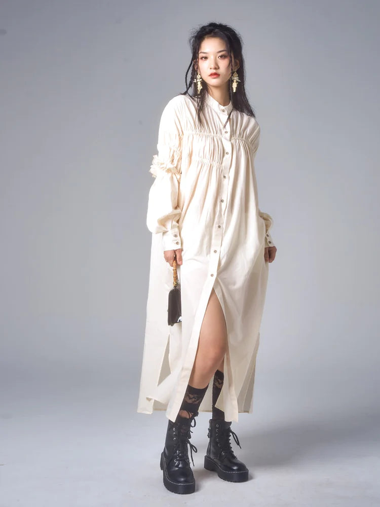 Ruffled Cotton Shirring Long Dress