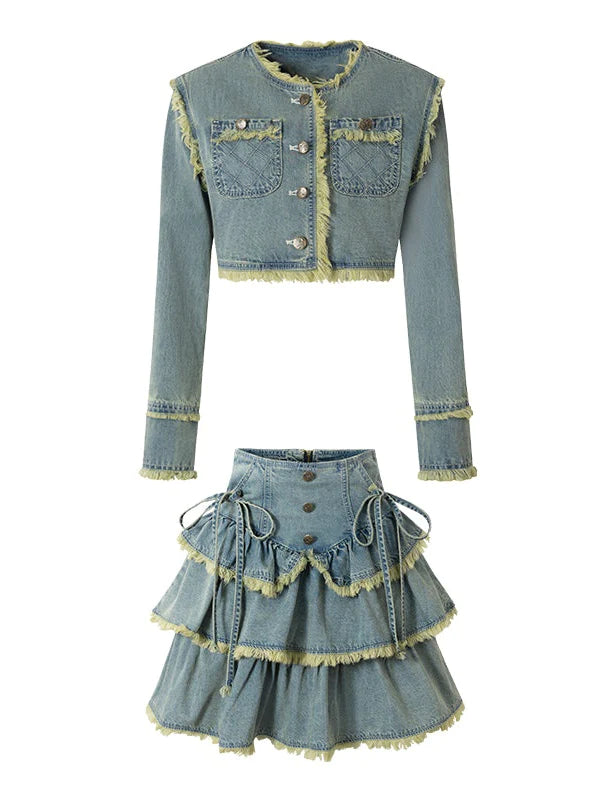 Raw Edge Denim Cake Skirt & Short Jacket- Spring Fashion